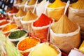 Indian colored spices at local market. A variety of spices of different colors and shades, flavors and textures on the stalls of