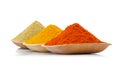 Indian Colorful Spices Also Know as Red Chilli Powder, Turmeric Powder, Coriander Powder Royalty Free Stock Photo