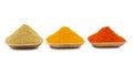 Indian Colorful Spices Also Know as Red Chilli Powder, Turmeric Powder, Coriander Powder Royalty Free Stock Photo