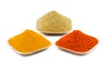 Indian Colorful Spices Also Know as Red Chilli Powder, Turmeric Powder, Coriander Powder Royalty Free Stock Photo