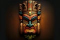 indian colorful totem tiki mask made of wood on dark background