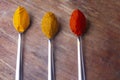 Indian Colourful Spices Also Know as Red Chilli Powder, Turmeric Powder, Coriander Powder, Mirchi, Mirch, Haldi, Dhaniya Powder Royalty Free Stock Photo