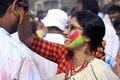 Indian Couple Celebrating Holi. Portrait of love birds at Holi celebration.