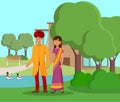 Indian Couple Walking in Park Vector Illustration