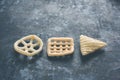 Indian crunchy fryums or papad snack in wheel, square and triangle shape Royalty Free Stock Photo