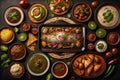 Indian cuisine. Assorted indian food on black background, top view. generative ai