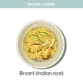 Indian cuisine Biryani rice traditional dish food vector icon for restaurant menu