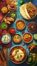 Indian cuisine feast with diverse dishes featuring curries rice and fresh herbs Royalty Free Stock Photo