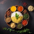 Indian Cuisine Flat Lay: Curry, Spices, and Rice