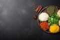 Indian Cuisine Flat Lay: Curry, Spices, and Rice