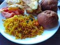 Indian food rice, bread, potato, vegetables. Goa, India. Royalty Free Stock Photo
