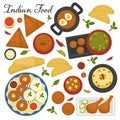 Indian cuisine menu, collection of dishes of India. Soups and tandoori, spicy snacks vector in flat