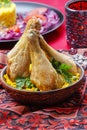 Indian cuisine: roasted chicken with rice and green peas Royalty Free Stock Photo