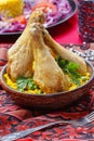 Indian cuisine: roasted chicken with rice and green peas Royalty Free Stock Photo