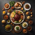 Indian cuisine. Traditional assorted Indian dishes. Top view. Flat lay. generative ai