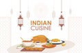 Indian cuisine vector flat poster design. Fresh and tasty Indian dishes, chicken stew, stuffed chicken, curry with rice.