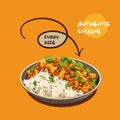 Indian cuisine vector illustration. Traditional Indian curry with rice and chickpeas