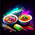 Indian cuisine vector illustration. Traditional indian food. Assorted indian dishes in bowls. AI generated