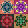 Indian culture mandala flower with a set ornament of four multi-colored bright shapes on different backgrounds Royalty Free Stock Photo