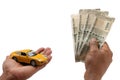 Indian currency notes and toy car in the hands bank loan concept Royalty Free Stock Photo