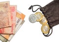 Indian Currency Showing of New 200, 500,10 and 20 Rupees and 10 rupee Coins in Bag, Royalty Free Stock Photo