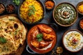 Indian curry variety with naan and chutneys, overhead shot Royalty Free Stock Photo