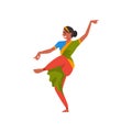 Indian Dancer Character in Green Traditional Clothes, Beautiful Smiling Young Woman Performing Folk Dance Vector