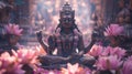 Indian deity statue in the temple amidst beautiful pink lotus flowers, for Asalha Puja, banner, poster