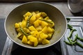 Indian delicacy Aloo sabji or fried masala potato ready to serve.