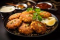 Indian delicacy Sabudana vada, made from sago, served with chutney