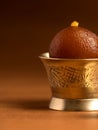 Gulab Jamun in copper antique bowl with spoon, Indian Dessert or Sweet Dish