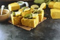 Indian Dhokla - recipe preparation photos with photos of the final dish and traditional mattha