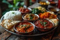 Indian dish with chicken curry, rice, naan bread and snacks. Indian cuisine. Royalty Free Stock Photo