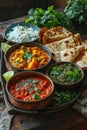 Indian dish with chicken curry, rice, naan bread and snacks. Indian cuisine. Royalty Free Stock Photo
