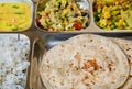 Indian dish thali, subji, rice and chapati bread Royalty Free Stock Photo