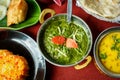 Indian dishes. Rice, dal, Palak paneer, chapatti