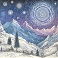 Indian drawing a night in the mountains on a starry night. Royalty Free Stock Photo