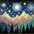 Indian drawing a night in the mountains on a starry night. Royalty Free Stock Photo