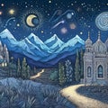 Indian drawing a night in the mountains on a starry night. Royalty Free Stock Photo