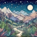 Indian drawing a night in the mountains on a starry night. Royalty Free Stock Photo