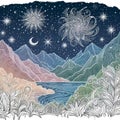 Indian drawing a night in the mountains on a starry night. Royalty Free Stock Photo