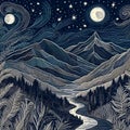 Indian drawing a night in the mountains on a starry night. Royalty Free Stock Photo