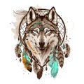 Indian dream catcher with ethnic ornaments and ethnic tribal head wolf. Boho native American style design Royalty Free Stock Photo