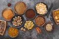 Indian dried spices and nuts in bowls