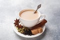 Indian drink masala tea with milk and spices. Cardamom sticks cinnamon star anise cane sugar. Concrete grey table copy space