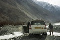 Indian driving car on Khardung La Road in Himalaya mountain go to Nubra and Pangong lake at Leh Ladakh in Jammu and Kashmir, India