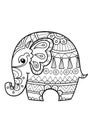 Indian elephant doodle coloring book page. Black and white vector zentangle illustration.