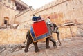 Indian elephant slow walking with tourists past stone walls