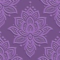 Indian ethnic 3d emboss seamless floral pattern for fabric, wallpapers, prints. Vector embossed relief background in violet