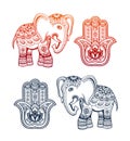 Indian ethnic elephant and hamsa hand with ethnic ornaments Royalty Free Stock Photo